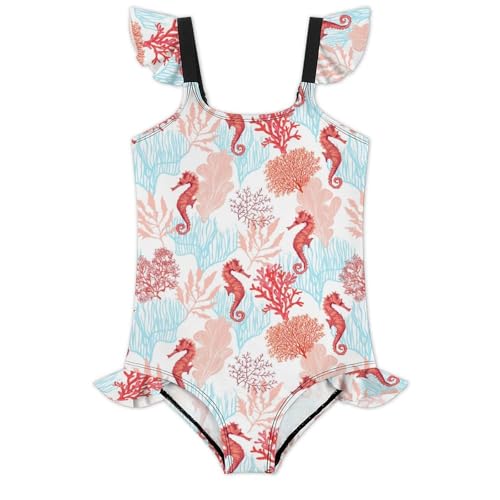 Image of Girls One Piece Swimsuit Cute Alpacas Hearts Stars Ruffles Swimwear Bathing Suits 3-12 Years