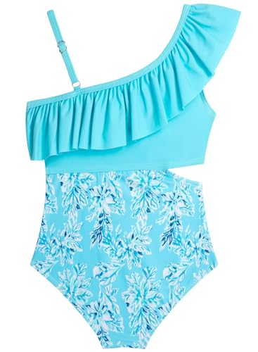 Image of Alakuoti Girls One Piece Swimsuits Cutout Ruffle Bathing Suit Quick Dry Beach Swimwear with Adjustable Strap 5-14 Years