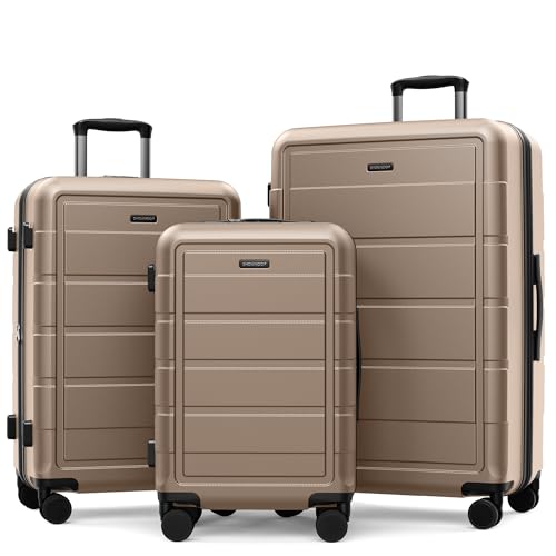 Sets 3pcs 100% Pc Durable Expandable Luggage Suitcase With Tsa Lock Double Wheels Champagne