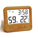 Digital Hygrometer Indoor Thermometer, Temperature Humidity Gauge with Desk Clocks for Bedroom Office,Backlit Accurate Monitor Clear Reading,Time Display Room Thermometer for Home Greenhouse Wooden