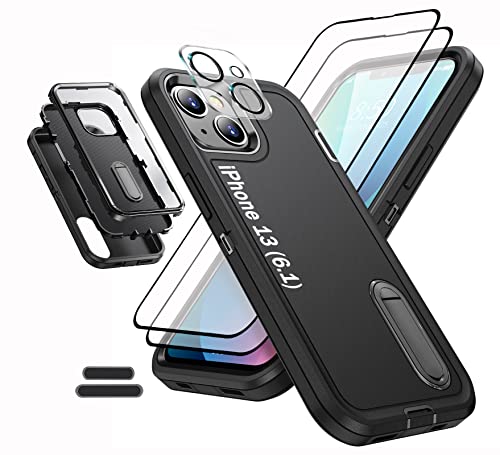 ymxdmd Case is Specially Designed for iPhone 13 6.1 Inch, Full Body Protection Heavy Duty Shock Absorbing 3 in 1 Silicone Rubber Built-in Stand with 2 Tempered Screen Protectors-Black