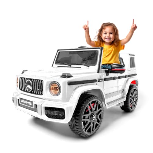 Mercedes G63 AMG 12v - Blanco- Coche eléctrico para niños Todo tereno con batería 12v, con Mando para Padres, música y Luces. Coche a batería Estilo Todo Terreno con Muchos Extras