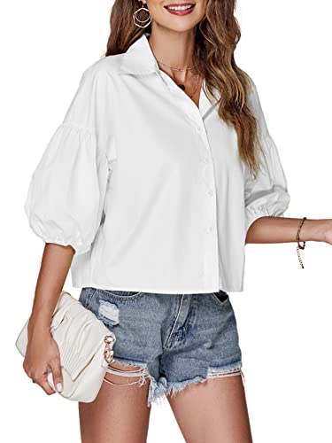 LYANER Women's Collar V Neck Button Down Lantern Short Sleeve Blouse Crop Top Shirt4