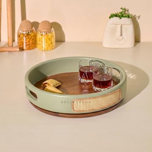 Image of Brick Brown Premium Jali 360 Rotating Wooden Serving Tray with Cane Weaving | Lazy Susan Turntable Tray for Dining Table, Kitchen, Coffee Table | Sage & Walnut Finish Decorative Organizer -12 Inch