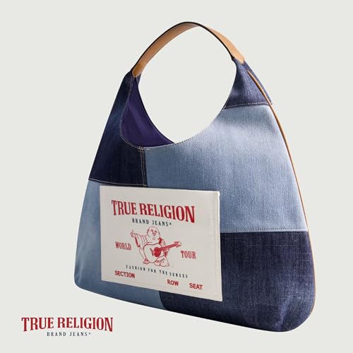 Image of True Religion Women's Shoulder Bag Purse, Patchwork Large Hobo Handbag with Buddha Logo, Denim