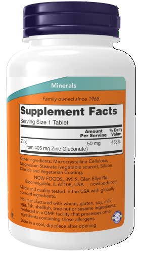 Now Supplements, Zinc (Zinc Gluconate) 50 Mg, Supports Enzyme Functions*, Immune Support*, 250 Tablets #TOP1