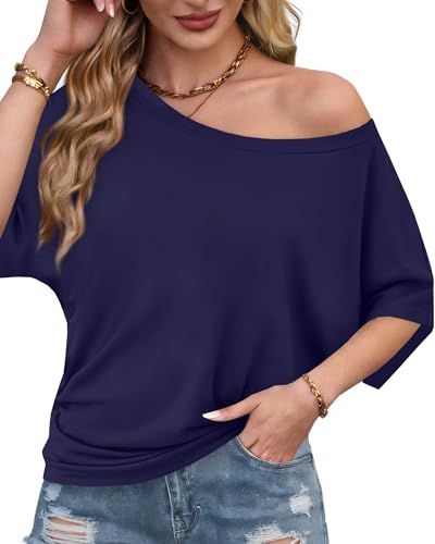 Image of Hilinker Womens Sexy Off The Shoulder Tops Short Batwing Sleeve T Shirt Oversized Casual Tee