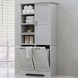 Merax Cabinet with Tilt-Out Laundry Hamper Basket, Tall Bathroom Storage Organizer Linen with Open Shelf for Home, Freestanding, Gray