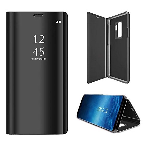 2ndSpring Coque pour Galaxy S9 Etui,Flip Miroir Coque Dur PC Plastique Housse Plating Case Façade Semi Transparante Standing View Cover pour Galaxy S9,Noir