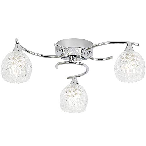 Image of 400mm Semi Flush Ceiling Mounted Pendant Light | Chrome & Textured Patterned Glass Shade | 3X G9 Lamp Bulbs | Over Head Modern Hanging Living Room Table Light | Multi Light Feature Chandelier