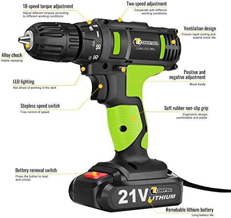 ESSGOO 21V Cordless Drill Driver Set, Electric Screwdriver with 2X 1500mAh Batteries, 42 N.m Max Combi Drill, 18+1 Torque Power Drills, Cordless Screwdriver with 30PCS Drill Bits
