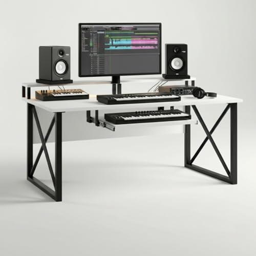 Image of FFO Music Studio Desk | Music Studio Desk with Keyboard Tray | Workstation,Laptop PC Computer, Music Instrument Table for Music Producers | (White) | (150L x 60W x 87H CM) | DIY