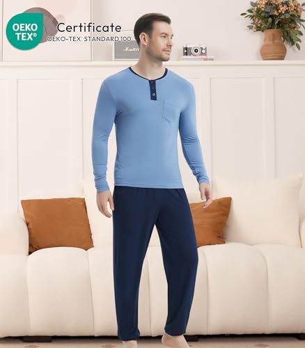 Image of NACHILA Mens Pajamas Set Long Sleeve Henley Sleepwear Top Soft Jogger Pants Pajamas Cool Pjs Set,Viscose Made from Bamboo