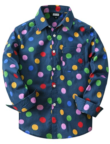 JOGAL Boys Novelty Fun Button Down Shirt Muticolor Plaid Cotton Long Sleeve Button Up Shirt for Kids 6-14 Years NavyPolkaDot 6