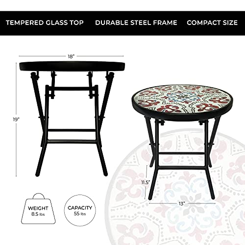 Backyard Expressions Folding Glass Patio Side Table-Mosaic Pattern-18 Inch