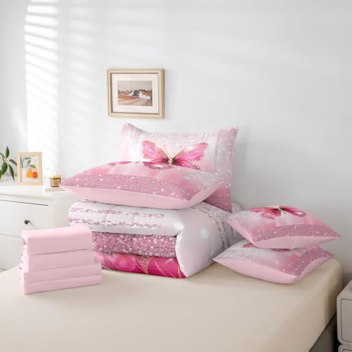 Image of Feelyou Butterfly Comforter Set Twin Size 7 Pieces Dreamy Princess Bedding Set for Kids Boys Girls Glitter Bed in a Bag with Comforter, Sheets, Pillowcases, Cushion Covers Watercolor Butterflies
