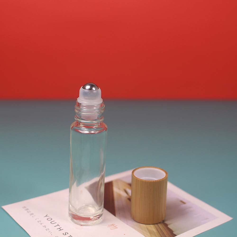 COSIDEA 18 bottiglie a rullo in bambù da 10 ml con tappo in bambù per oli essenziali, vuote, in vetro, per profumo, trasparenti