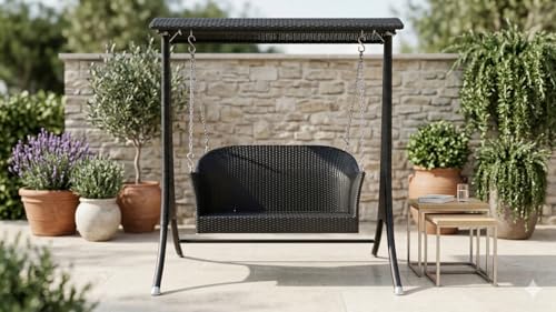 Image of India Outdoor Indoor Wicker Swing Chair with Canopy Wicker Patio Swing Set Garden Balcony Porch Poolside Lawn Furniture 2 Seater Hanging Swing Chair (Black)