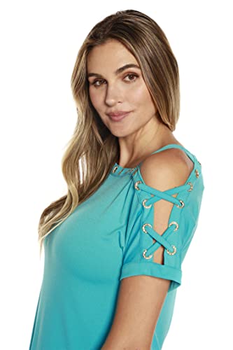 Belldini Blouses For Women Cold Shoulder Top Short Sleeve Pullover Tunic Shirt Blue Bell #TOP3
