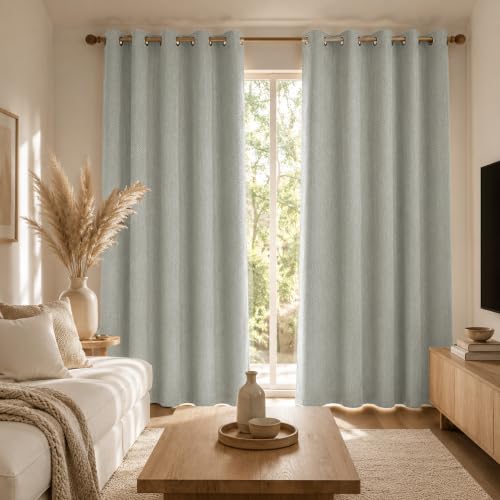 Image of LINENWALAS 100% Blackout Curtains for Long Door (9 Feet) - Set of 2 Panels, Herringbone Linen Texture Complete Light Block, Thermal Insulated & Noise Reducing Room Darkening Drapes (Silver Grey)