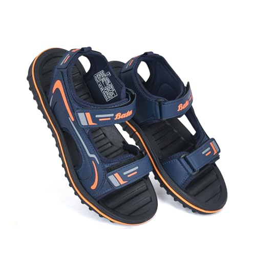 Image of Bata Men's Sports Sandals, Dual Velcro Strap, Textured Sole (NAVY /ORANGE, UK Footwear Size System, Adult, Men, Numeric, Medium, 9)