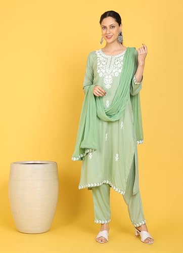 Image of Kaari Women's Chikankari Kurta Set with Dupatta -Straight Fit | Chiffon Dupatta with Embroidered Band | Straight Pant with Side Pocket | Kurta Set for Women