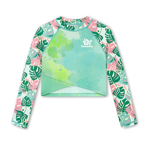 Image of BesserBay Girls Rash Guard UPF 50+ Long Sleeve Mock Neck Crossover Hem Swim Crop Top 4-14 Years