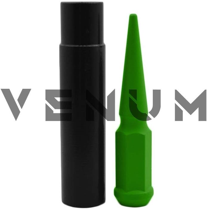 Venum wheel accessories 32 Pc Flat Lime Green Spike Lug Nuts Powder Coated | Steel | 4.5" Tall | 14x2.0 Thread Pitch + 1 Key Works with Ford F250 F350 Powerstroke W/Aftermarket Wheels