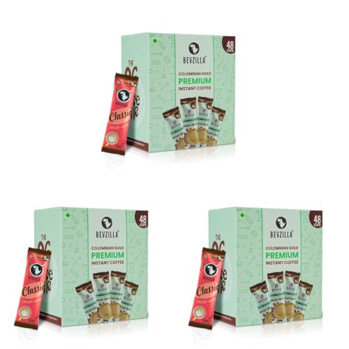 Image of Bevzilla 48 Instant Coffee Powder Sachets (Colombian Gold) - 96 Grams| Hot & Cold Coffee| Makes 48 Cups| Arabica Coffee| Perfact For Espresso, Latte, Cappuccino Hot & cold Brews (Pack of 3)