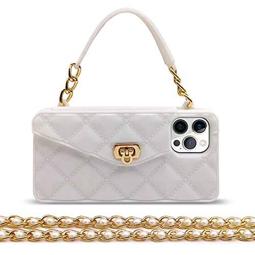 Omio for iPhone 17 Pro Max Wallet Case with Card Holder Luxury Chain Case with Long Pearl Shoulder Crossbody Lanyard Wrist Strap Soft Silicone Handbag Cover for iPhone 17 Pro Max Women Girls White