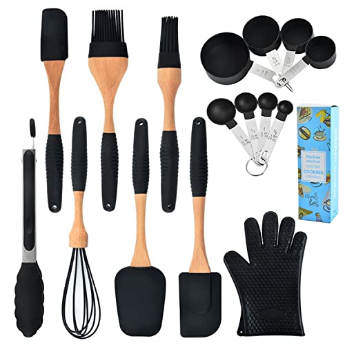 Ausemo Silicona Juego de Utensilios de Cocina 10 Pcs Antiadherente Utensilios de Cocina Mango de Madera Resistente al Calor Herramienta para Hornear con Batidor Guantes