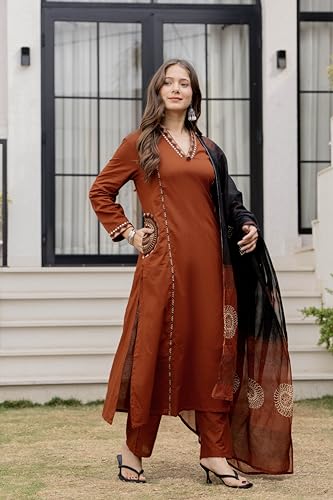 Image of MEERA FAB Women Floral Printed Pure Cotton Straight V-Neck Kurta with Palazzos & Dupatta