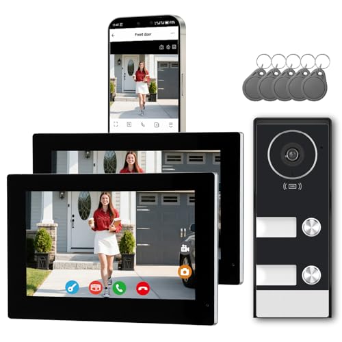 KeonBell Smart Home Video Intercom System,Wired Video Doorbell with 2X 7-inch Touch Screens,Remode Unlocking via App/RFID,Two-Way Audio,Night Vision,WIFI6 2.4/5GHz,2 Unit Household