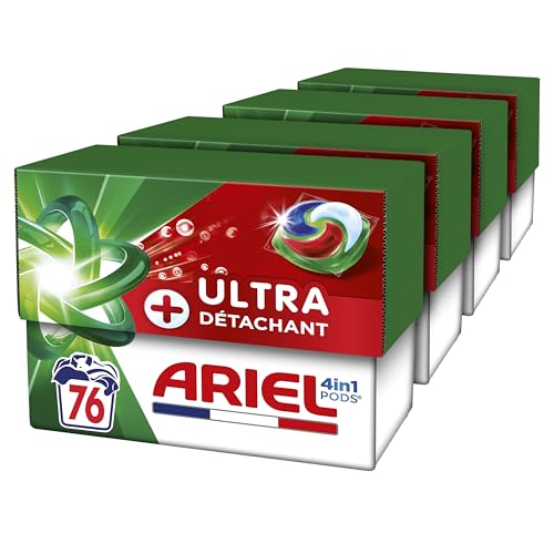 Ariel PODS 4en1 +Ultra Détachant, Lessive en Capsule, 76 Lavages (4X19), Élimine Même les Tâches Incrustées Depuis 7 Jours, Dissolution Rapide Même à...