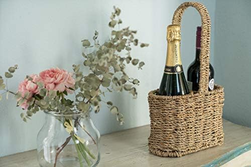 Decorasian Bottle Holder Basket Braided Seagrass - Bottle Carrier for 2 Bottles