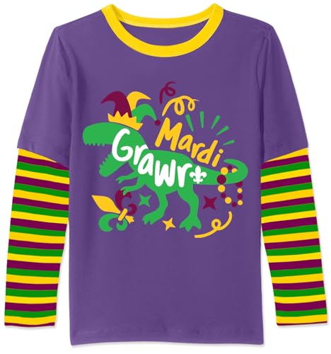 Image of Unisex Kids St Patrick's Mardi Gras Stripe Patchwork Long Sleeve Carnival Shirt 4-14 Years