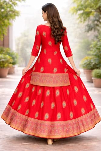 Image of Women's Red Kurti with Skirt Set, Peacock Feather Print, Embellished Neckline, Ethnic Wear