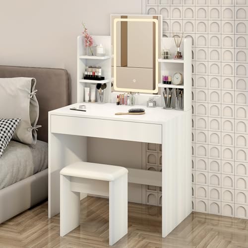 Coiffeuse avec Miroir et Tabouret - LED 3 Couleurs Réglables - Tiroir & Compartiment Ouvert - Style Moderne - Blanc Nuage - Entreprise Française