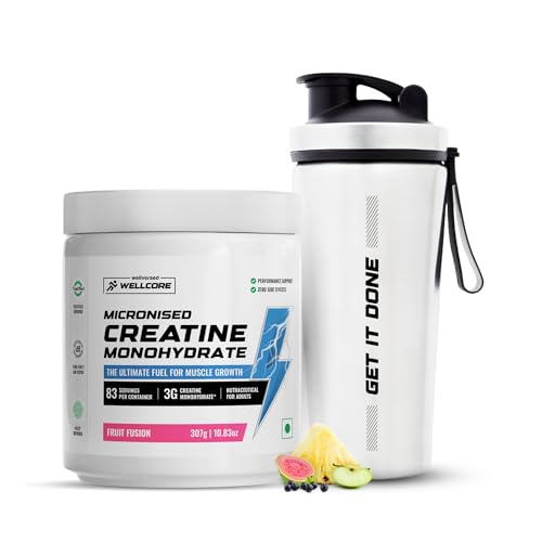 Image of Wellcore Pure Micronised Creatine Powder With Shaker (83 Servings, Fruit Fusion) For Enhanced Muscle Strength With Rapid Absorption | Creatine Monohydrate | Wellcore Creatine Flavoured - 307g