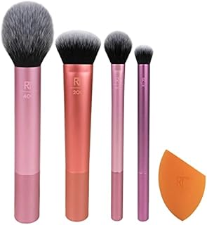 REAL TECHNIQUES,5 Count (Pack of 1) Everyday Essentials Makeup Brush Complete Face Set (Miracle Complexion Sponge, Expert Face, Blush, Setting and Deluxe Crease Brushes)