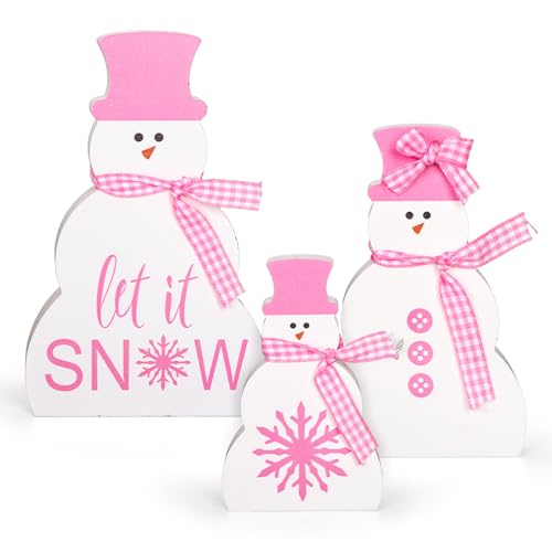 Bonhomme de neige rose bois décoration de Noël Whaline lot de 3 figurines de table ruban