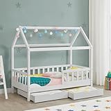 Juskys Kinderbett Marli 80 x 160 cm mit Bettkasten 2-teilig, Rausfallschutz, Lattenrost & Dach - Massivholz Hausbett für Kinder - Bett in Weiß