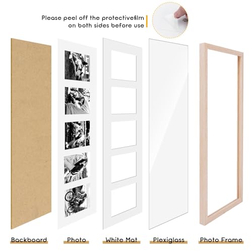 8x24 Oak Wood Picture Frame - 8x24 Photo Frame with Mat Display 5Pcs 4x6 Photos, 4x6 Picture Frame Wood, Natural Solid Wooden Picture Frames for Wall Art Photo and Prints(1 Pack, Beige)