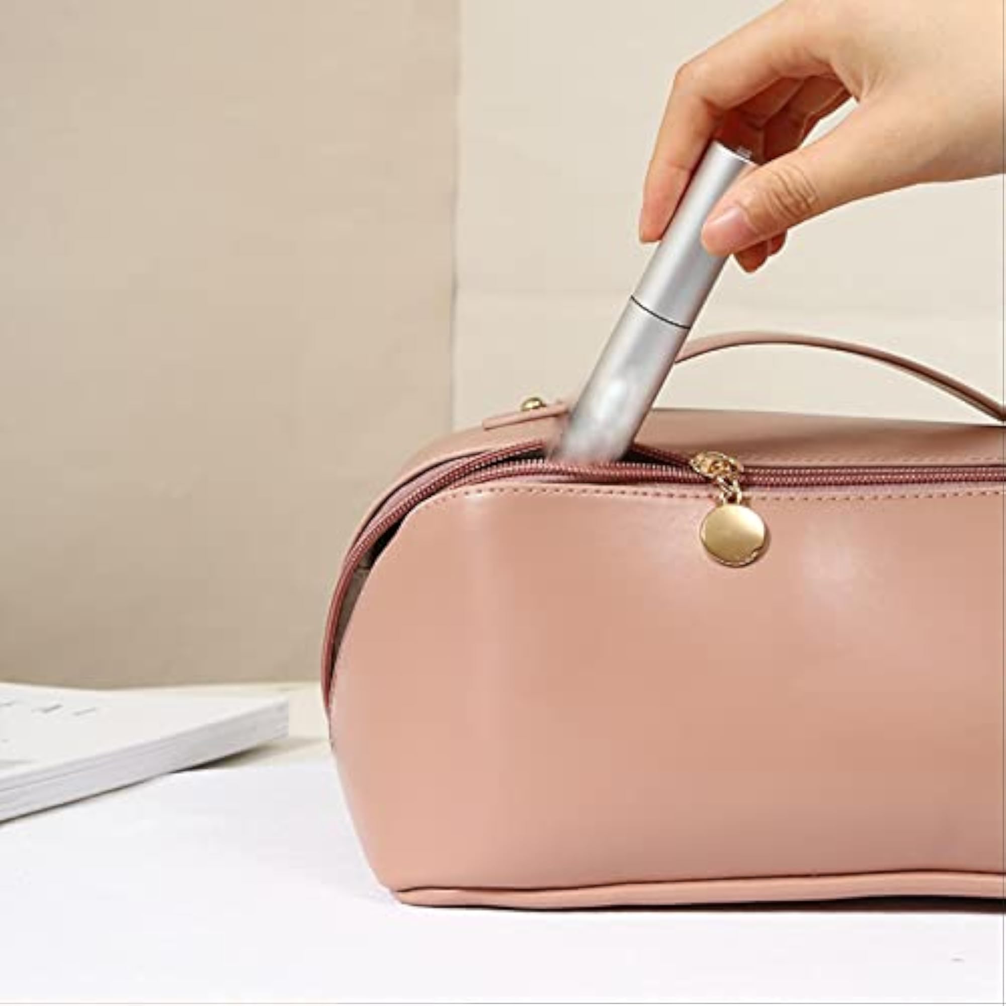 Portable Travel Toiletry Bag PU Leather Handbag Waterproof, Black