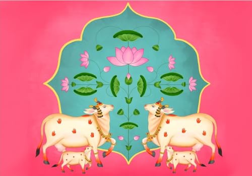 Image of Cow decorationss clothss | Cow backdropss Cloth Decoration | Traditional Backdrop Cloth | Backdrop Cloth for Decoration laxmi Pooja (8FT-6 FT) Backdrop for Pooja
