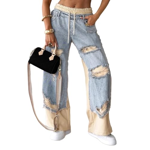 Women's Denim Trousers with Stitching and Ripped Design, Elastic High Waist Wide Leg Streetwear Pants Cool Jeans