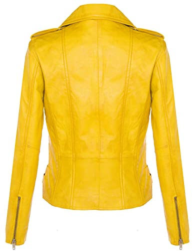 Ladies Retro Yellow 100% Nappa Leather Biker Jacket 2Xl #TOP2