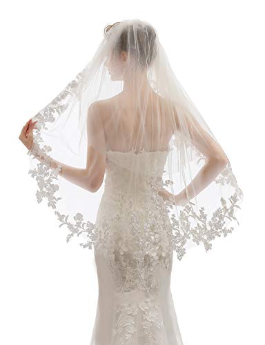 Elawbty Womens 2 Tier Fingertip Length Short Lace Wedding Bridal Veil With Comb X07 White #TOP3