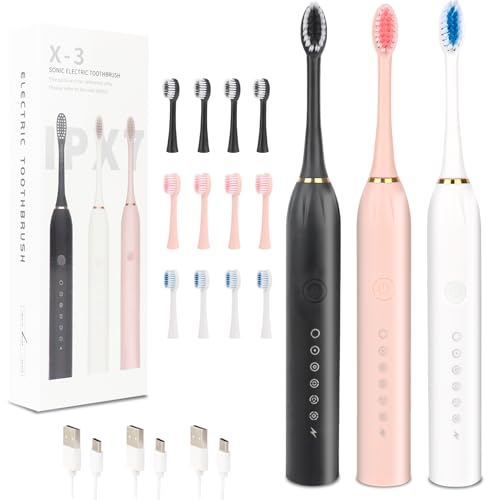 3 Pack Adult Electric Toothbrush Rechargeable Sonic Electric Toothbrush with 4 Brush Heads 6 Modes Timer Function IPX7 Waterproof 3 Colors Available