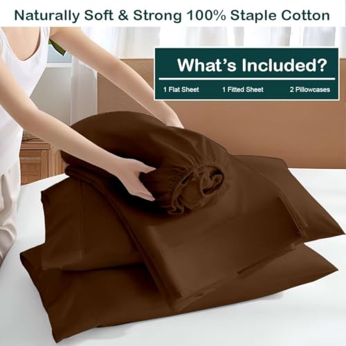 Image of NON Sticky cotton Premium 4 Piece Egyptian Cotton Fitted Queen Sheet Set, Hotel Quality Soft Breathable Bedding Sheets, 15 inch Deep Pocket, 60 inch X 80 inch, Chocolate Solid